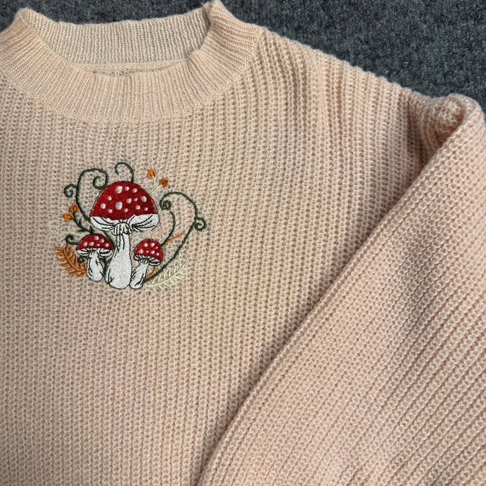 ROMWE Fairycore Mushroom Embroidered Rib Knit Crop Sweater Apricot Womens Sz M